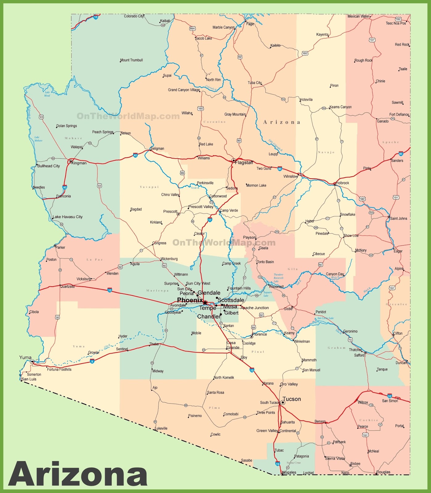 Arizona Map With Cities And Towns