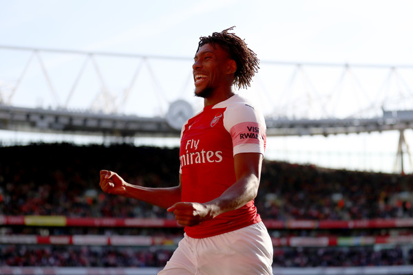 Alex Iwobi of Arsenal celebrates after their first goal during the Premier League match between Arsenal FC and Watford FC at Emirates Stadium on September 29, 2018 in London, United Kingdom.