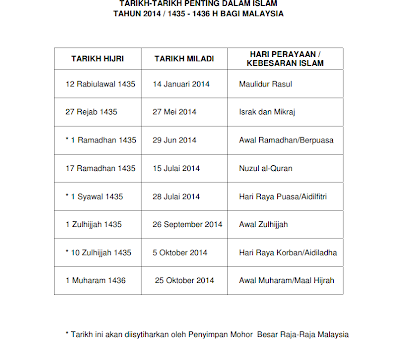 tarikh hari raya 2014, tarikh cuti dalam Islam, kalendar 2014