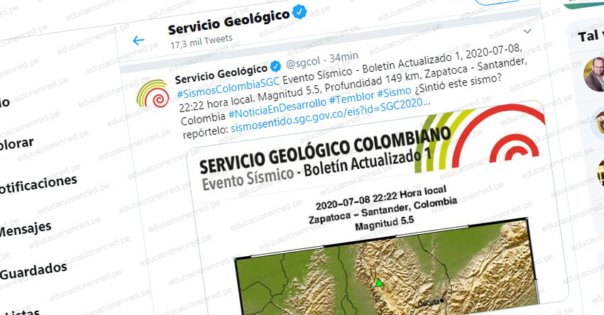 Temblor en Colombia de Magnitud 5.5 (Hoy Miércoles 8 Julio 2020) Terremoto - Sismo - Epicentro - Zapatoca - Santander - En Vivo Twitter - Facebook - www.sgc.gov.co