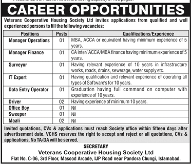 Jobs in Veterans Cooperative Housing Society Islamabad 2021 Latest Advertisement Multiple Posts