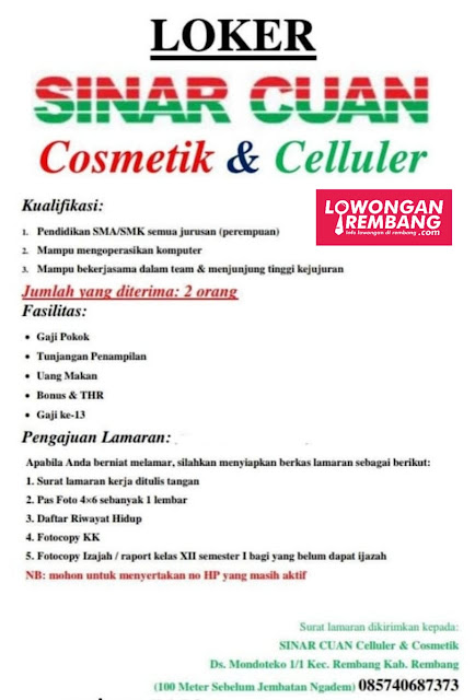 Lowongan Kerja 2 Karyawati Sinar Cuan Cosmetik & Celluler Rembang