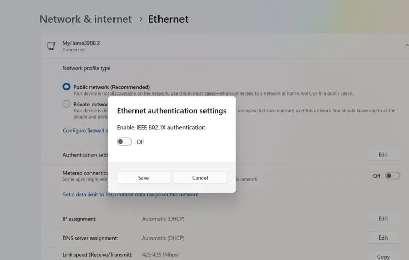 قم بإيقاف تشغيل مصادقة IEEE 802.1X في إعدادات مصادقة Ethernet.