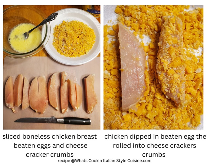 sliced raw chicken fingers, cheese cracker crumbs and eggs beaten