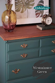 Outdated Dresser Makeover Using General Finishes New Color Westminster Green and Mahogany Gel stain DIY  artisbeauty.net before and after