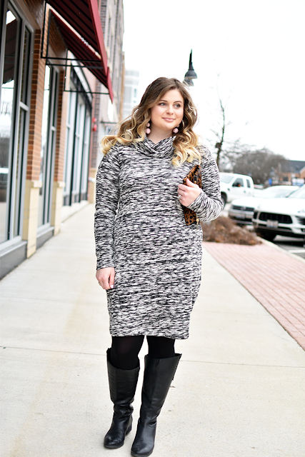 cold weather date night sweater dress black opaque tights black riding boots blonde ombre curled hair baublebar crispin drop earrings pink madly yours collection calf hair clutch clare v leopard