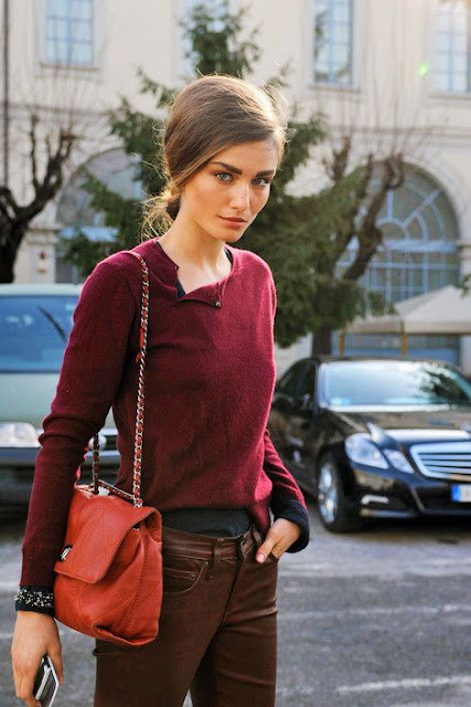 orange and burgundy street style