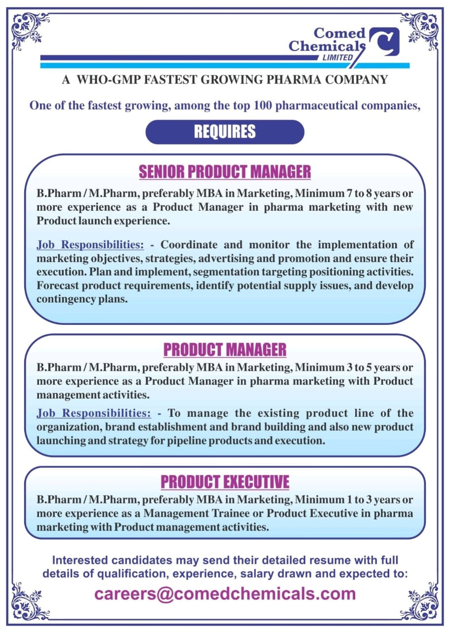 Job Availables,Comed Chemicals Limited  Job Vacancy For B.Pharm/ M.Pharm/ MBA in Marketing