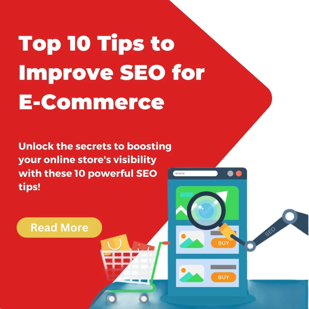Infographic showcasing top 10 tips to improve SEO for e-commerce websites, including keyword research, link building, mobile optimization, and more.