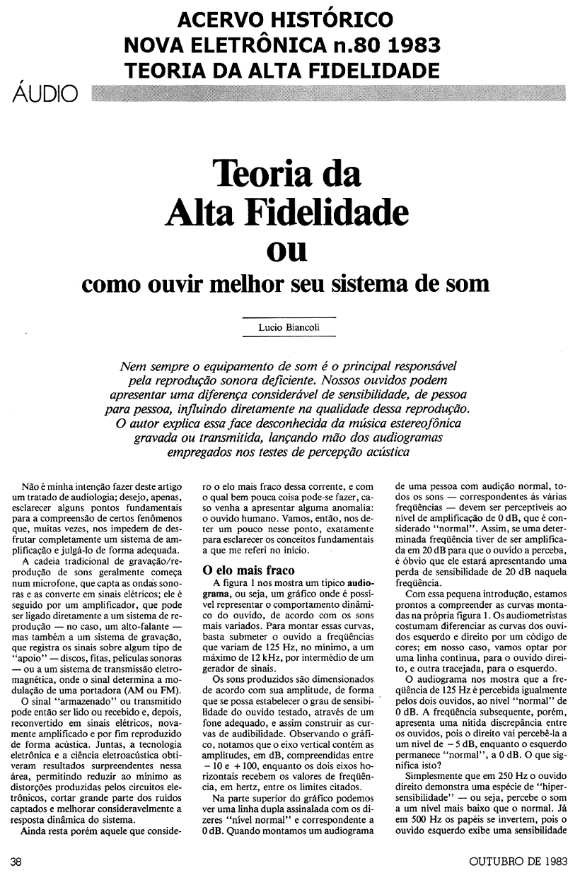 TEORIA DA ALTA FIDELIDADE - NOVA ELETRÔNICA n.80 1983 + (Informações, DIVAGAÇÕES e OPINIÕES)