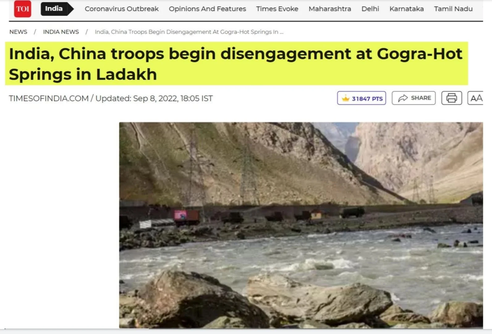 Disengagement in Ladakh, Reinforcement in Arunachal    WHAT'S HAPPENING ?  India and China will complete the disengagement process in the Gogra-Hotsprings area in eastern Ladakh by September 12, the External Affairs Ministry said on Friday, A day after the armies of the two neighbouring countries announced the pull-out of troops, ending over two years of standoff in the Patrolling Point 15 area.  The Chinese side refers to PP-15 as the Jianan Daban area. At the same time, the Indian Army has undertaken a massive "reorientation" of its troops in the northeastern state of Arunachal Pradesh.    The exercise has been taken up in the strategic-sensitive areas along the Line of Actual Control (LAC) in Arunachal Pradesh.  The purpose behind the reorientation of troops is to enhance the overall combat readiness of the Army considering the ever-persistent threat from China.    MODERN WEAPONS TO INFANTRY SOLDIERS NAGALAND  The Army has procured 72,400 SIG 716 assault rifles from Sig Saur of the U.S. under a deal signed in February 2019 and they have since been inducted with frontline infantry soldiers deployed in operational areas.  The SIG-716 weighing 3.82 kgs, has an effective range of 600m and employs the heavier calibre 7.62 mm ammunition.    Army contracted 16,497 Negev Light Machine Guns (LMG) from Israel in March 2020 under fast-track procurement and they have since been inducted on the Line of Control (LOC).  They started coming in RALP early this year. "We can take it for long range patrols and are less weight, less maintenance and more durable." Long range patrols on foot in the tough terrain vary from two weeks to a month.    INFRASTRUCTURE  From construction of roads, bridges, ammunition depots to bolstering its air assets and surveillance apparatus, The Army is also ramping up military infrastructure on a war footing for quicker mobilisation of troops in the strategically sensitive RALP (Rest of Arunachal Pradesh) region, senior military officials told He said capability development projects including construction of roads, bridges, tunnels, helipads and other infrastructure are being implemented under strict time-lines, especially in the Upper Dibang Valley region of Arunachal Pradesh.    LARGE HELIPADS  Almost all forward posts along the Line of Actual Control (LAC) in Arunachal Pradesh will have one large helipad each for swift mobilisation of troops and military equipment, As part of a mega push for infrastructure development, senior military officials said on Friday.  The helipads are being built at the forward posts to facilitate landing and take off the Chinook 47 (F) helicopters which were procured from the US under a deal sealed in 2015.    The Chinook is a multi-role, vertical-lift platform, which is used for transporting troops, artillery, equipment and fuel and the choppers are being extensively used to bolster India's military preparedness in the eastern sector.  M-777 HOWITZERS  The Army has deployed a significant number of easily transportable M-777 ultra light howitzers in mountainous regions along the LAC in Arunachal Pradesh.  The M-777 can be transported quickly in Chinook helicopters and the Army now has the flexibility of quickly moving them from one place to another based on operational requirements.    INDIGENOUS UAV  Another significant aspect is induction of indigenous unmanned aerial vehicles (UAVs) that has given big boost to the forward troops.  The Army has already deployed a large number of indigenously-built remotely piloted aircraft, Switch, in the forward posts to monitor Chinese activities across the LAC.  OPTICAL FIBRE NETWORK  Each of the forward posts and Army units are also being linked with optical fibre network and All of them will have separate satellite terminals for bolstering overall surveillance and communication.  As part of this, new radio sets are also being inducted. The focus is to build redundancy in the communications.    CONCLUSION  The disengagement at PP-15 came around a week ahead of the annual summit of the Shanghai Cooperation Organisation (SCO) in Uzbekistan, Expected to be attended by Prime Minister Modi and Chinese President Xi Jinping, among other leaders of the grouping.