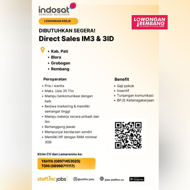 8 Lowongan Kerja Pegawai Direct Sales dan 3ID Indosat Ooredoo IM3 Rembang