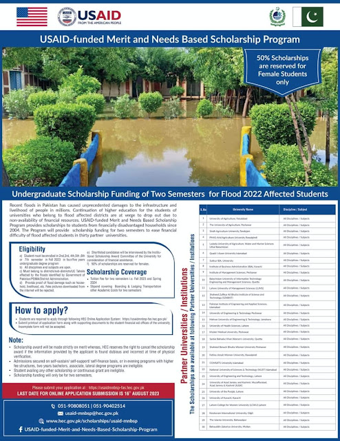 Undergraduate Scholarship chance for Flood 2022 Affected student – USAID Scholarships for Flood Affected students