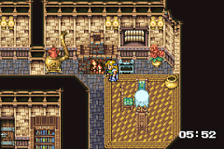 Celes rushes through the collapsing house in Tzen, a short, timed dungeon in Final Fantasy VI.