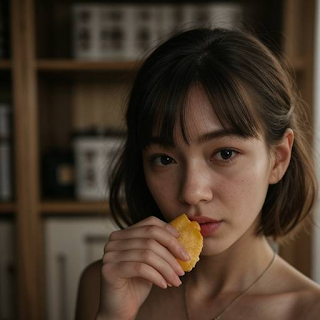 girl eating dried pineapple, round-shaped