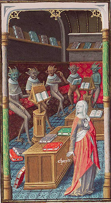 Caridade rodeada de diabinhos- Augustine, La Cité de Dieu, Paris, Maître François (illuminator); c. 1475-1480