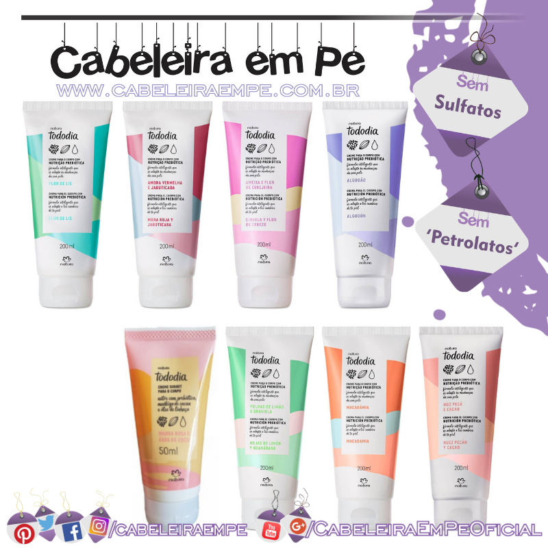 Cremes Desodorantes Nutritivos Corporais Todo Dia Macadâmia, Folhas de Limão e Graviola, Ameixa e Flor de Cerejeira, Flor de Lis, Noz Pecã e Cacau, Algodão e outros