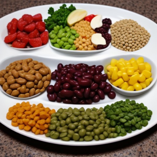 A diverse plate featuring plant-based protein sources and high-fiber foods.