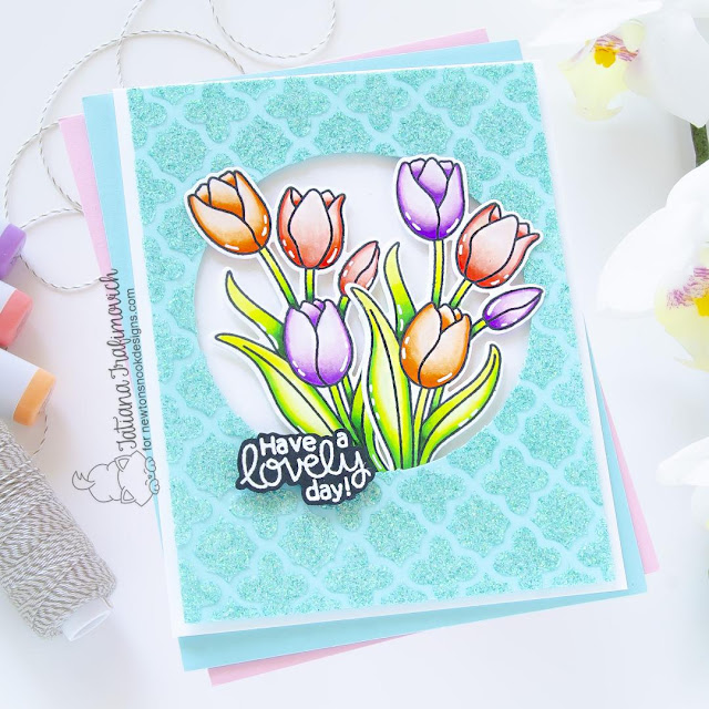 Lovely Day Tulip Card by Tatiana Trafimovich | Tulips Stamp Set, Circle Frames Die Set and Quatrefoil Stencil by Newton's Nook Designs #newtonsnook #handmade