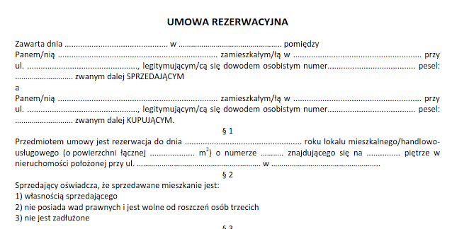 umowa rezerwacyjna sprzedazy lokalu