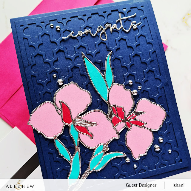 No stamping card, Card with dies, Altenew Moroccan lattice die, Altenew Rose queen die set, Altenew Signature word die set, Altenew birthday Anniversary blog hop, Congratulations card, Navy blue card with pink flowers, Quillish, cards by Ishani