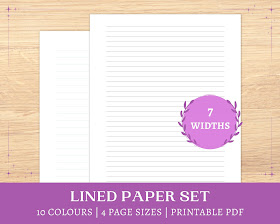 Two sample pages, one with wider colourful lines and the other with narrower black lines, feature in this cover image for a set of printable lined paper
