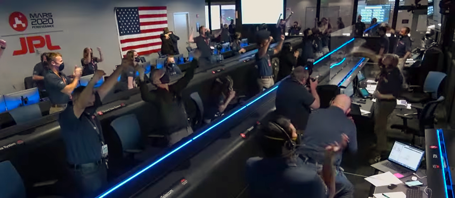 Celebrations at the NASA/JPL control room after the announcement of touchdown. NASA/JPL, 18 Feb 2021.