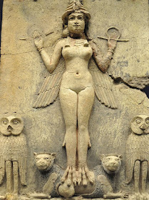 The sacred, powerful and central Babylonian goddess Ishtar.  Her symbol was the star and she was associated with the planet Venus. " 'Burney Relief' ...from about 1800-1750 BC."