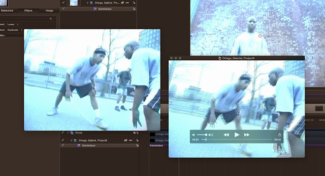 Two Quicktime windows showing the same paused video clip, one is from FCPX, the other after being deinterlaced in Motion 5. The program in the background is Apple Motion 5.