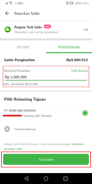 untuk menarik saldo, masukkan nominal uang dengan jumlah maksimal sesuai sisa saldo tokopedia