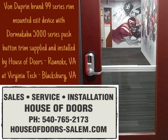 Von Duprin brand 99 series rim mounted exit device with Dormakaba 5000 series push button trim supplied and installed by House of Doors - Roanoke, VA at Virginia Tech - Blacksburg, VA