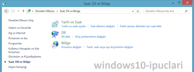 Windows 8 Denetim Masası , Saat, Dil ve Bölge