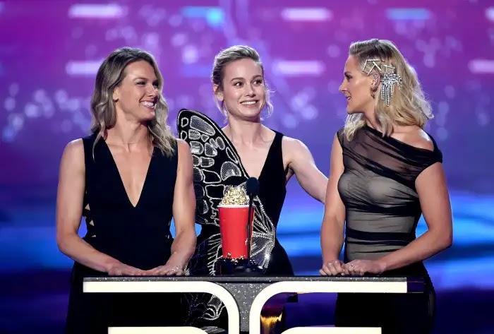 Brie Larson And Her Stunt Doubles Ingrid Kleinig and Joanna Bennett From Captain Marvel
