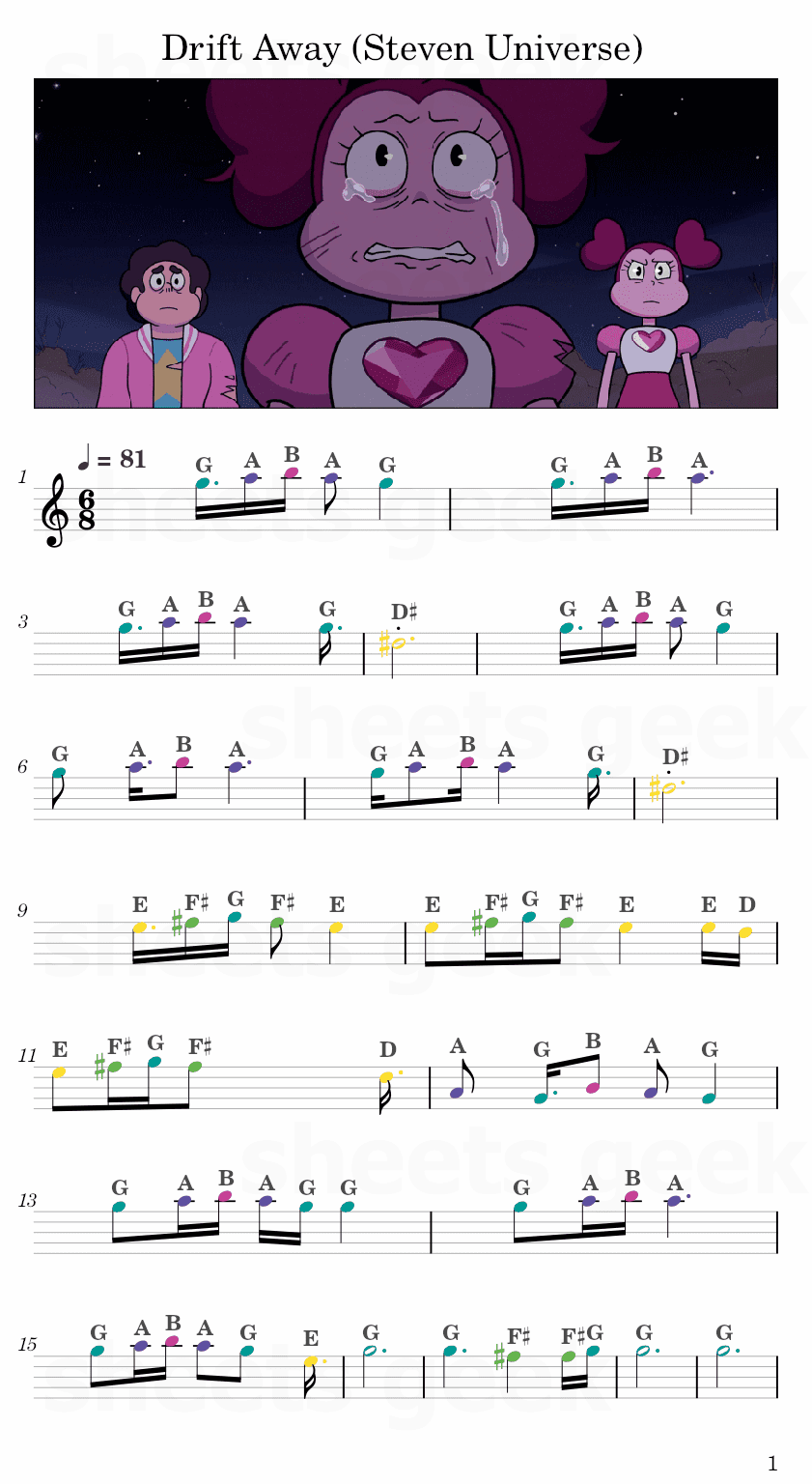 Drift Away Steven Universe Easy Sheet Music Free for piano, keyboard, flute, violin, sax, cello page 1