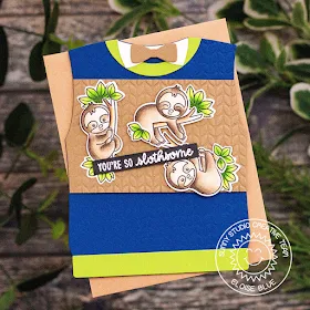 Sunny Studio Stamps: Sweater Vest Dies Silly Sloths Loopy Letters Dies Team Player Happy Thoughts Shaped Cards by Eloise Blue and Leanne West
