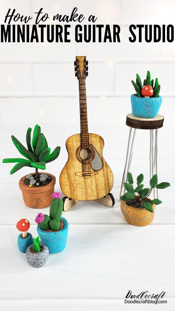 How to Make a Miniature Acoustic Guitar Studio!  This miniature guitar studio is one of my most favorite projects to date.   I love how this tiny little acoustic guitar turned out.   I love that mini hairpin leg stool.   I mostly love these little clay potted plants! 😉 😂