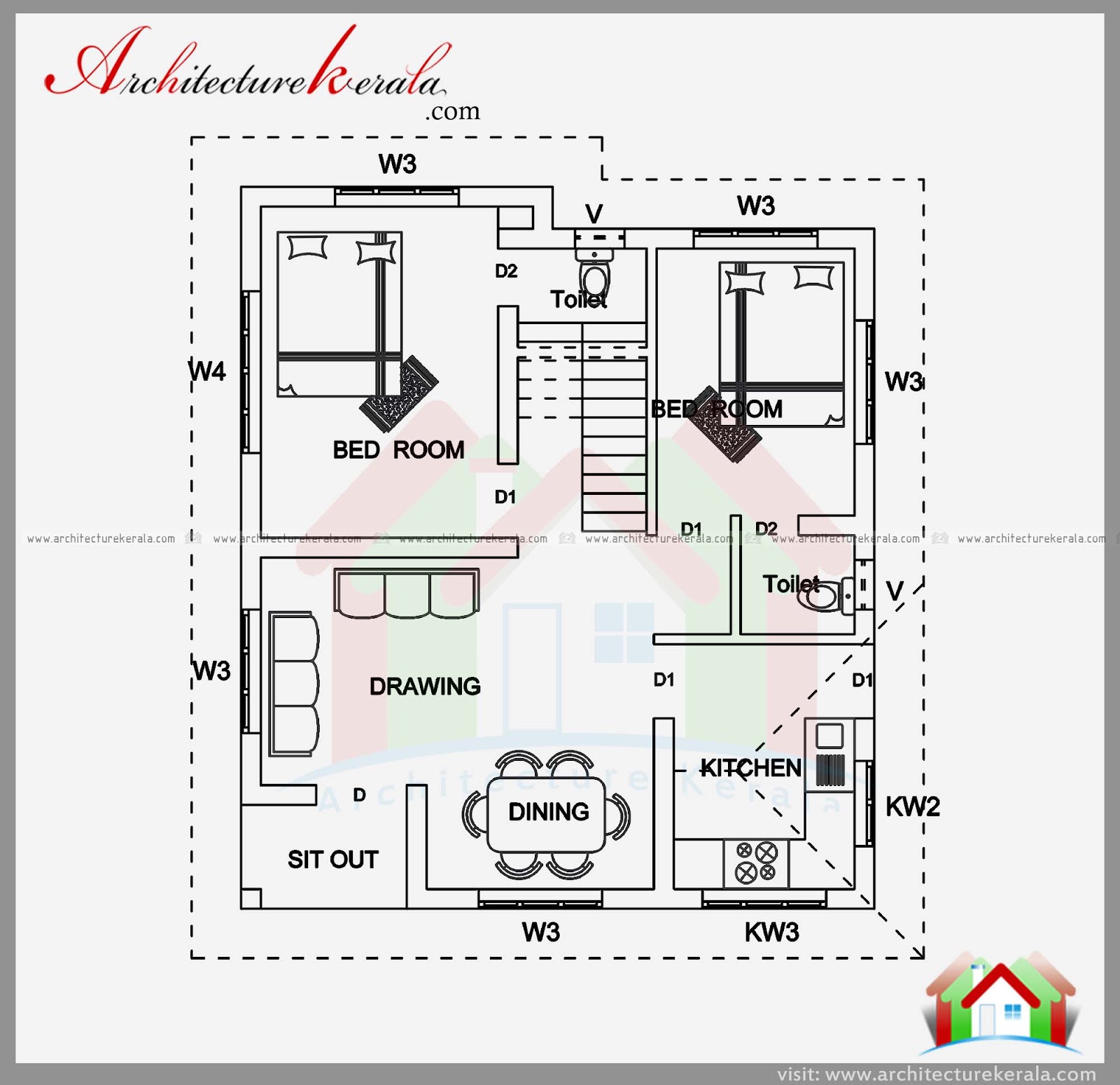  2  BEDROOM  HOUSE  PLAN  AND ELEVATION  IN 700 SQFT 