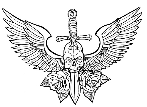 Labels Skull and wings drawing