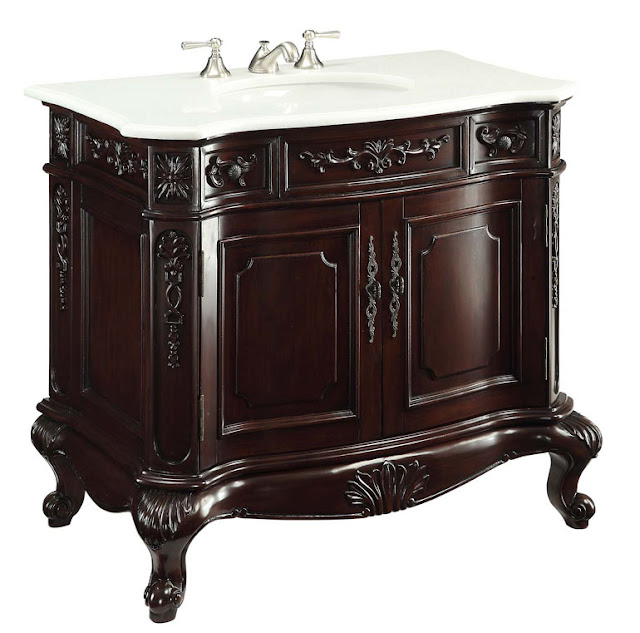 36 inch Adelina Antique Bathroom Vanity Dark Cherry Finish White Marble Top