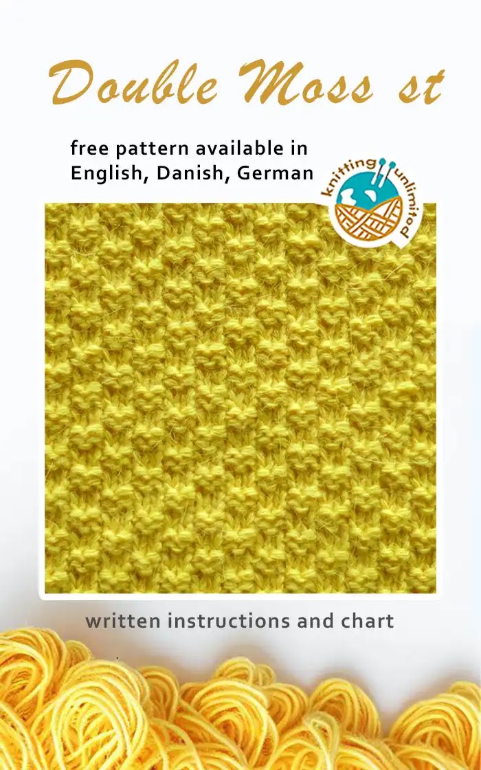 Double Moss stitch pattern is free and available in English, Danish, and German.