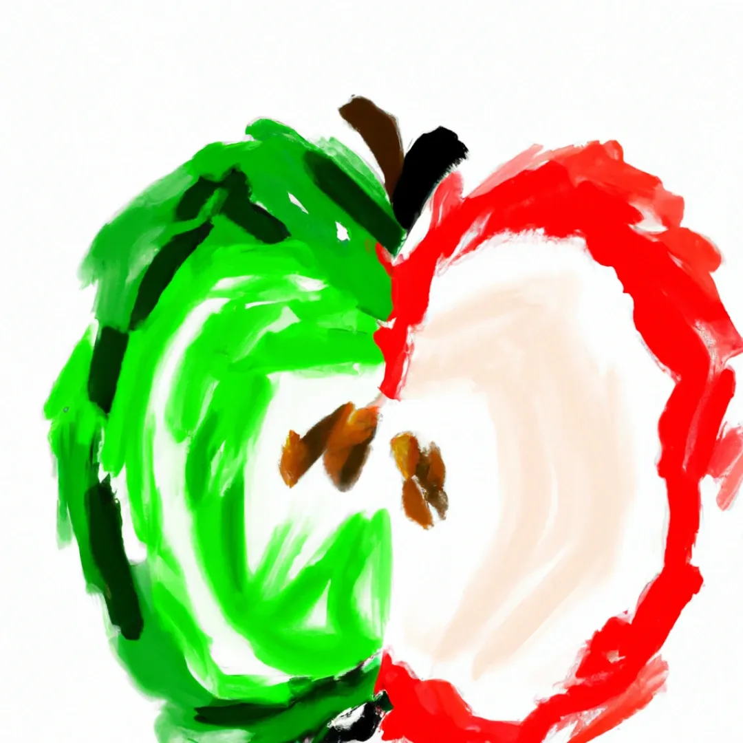 An apple divided in half by two colors: red and green. White background. Abstract style, like a painting.