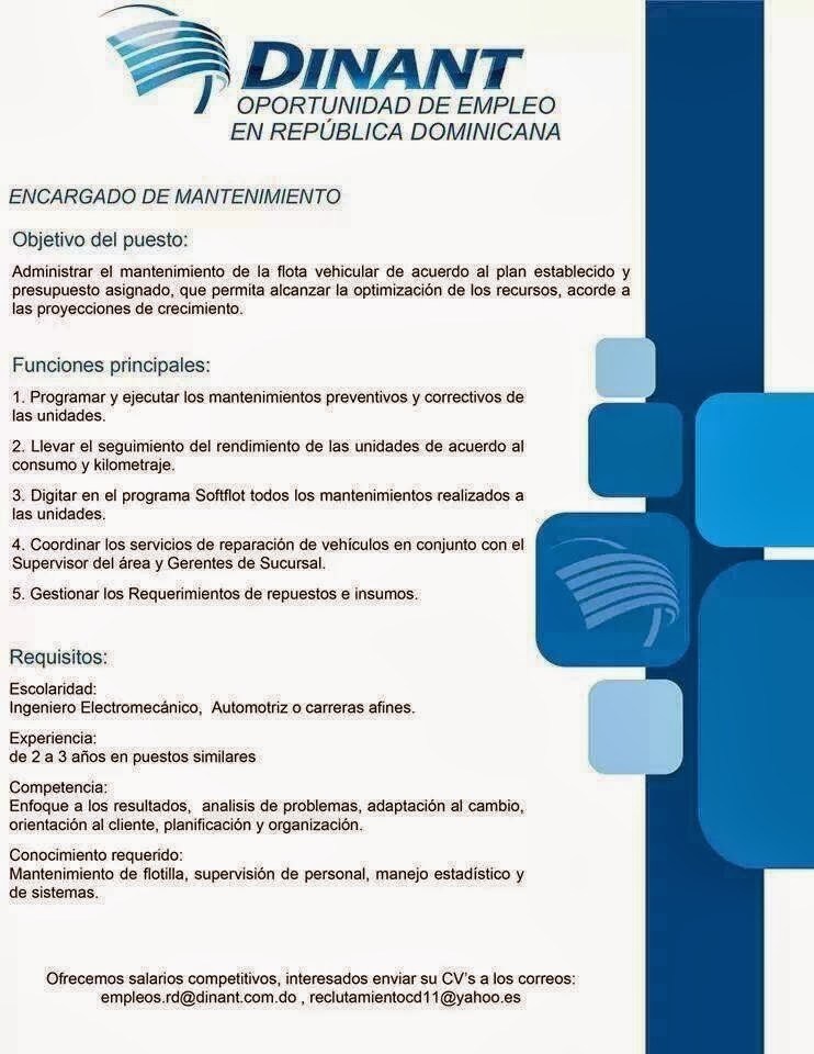 Empleo Empresa Dinant solicita Encargado de Mantenimiento