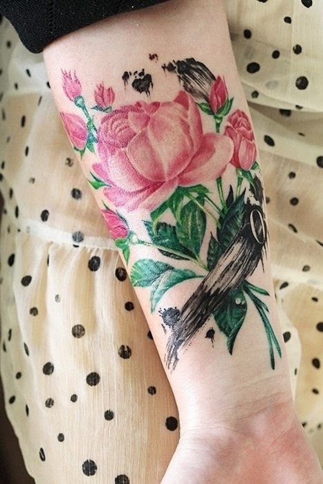 Women, Rose Flower Honey Tattoo, Tattoos Of Gorgeous Rose Flowers On Women Shoulder, Women Attractive Rose Flower Tattoos, Girls Shoulder With Three Colorful Roses Tattoos, 
