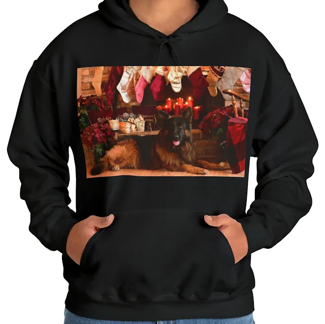 Unisex Black and Red Showline German Shepherd Lying In Front of Decorated Fireplace for Christmas Heavy Blend™ Hooded Sweatshirt