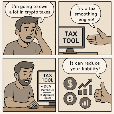 A four-panel digital comic titled “Crypto Capital Gains Tax Smoothing Engines for DCA Investors.” Panel 1: A worried man says, “I’m going to owe a lot in crypto taxes.” Panel 2: A computer screen labeled “TAX TOOL” appears with a voice bubble saying, “Try a tax smoothing engine!” Panel 3: The man smiles while using the tool, which shows “DCA Purchases” and “Optimize Sales.” Panel 4: A hand gives a thumbs-up next to financial icons with the message, “It can reduce your liability!”