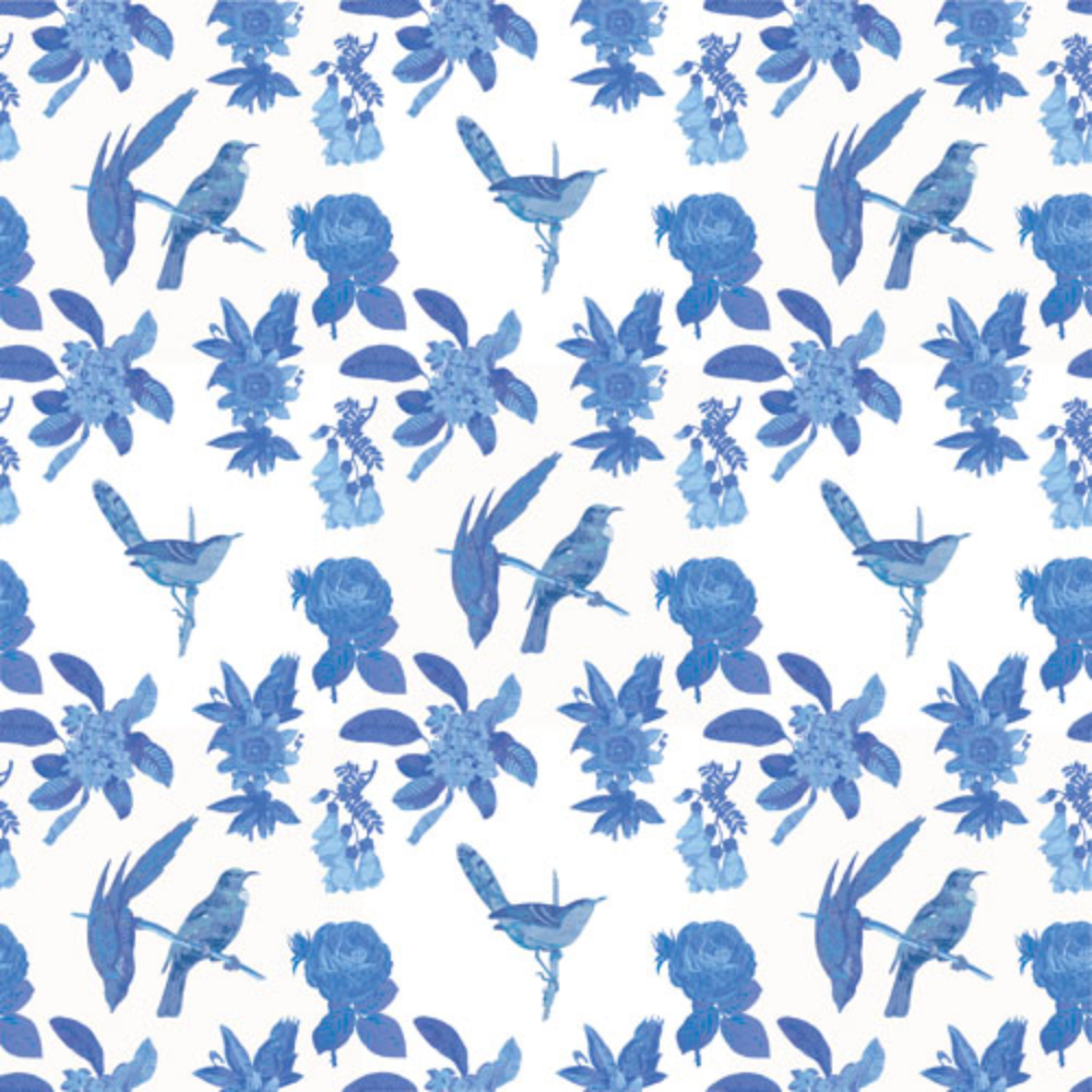 blue and white floral chintz pattern with tai birds, wren, rose, passionfruit and kowhai flowers