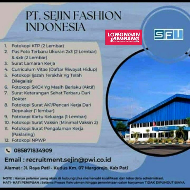 Lowongan Kerja Pegawai Pabrik PT Sejin Fashion Indonesia Pati