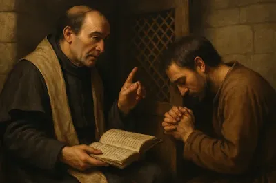 Un moine confesseur écoute un homme agenouillé dans une église romane, inspiré du Pénitentiel de Worms.