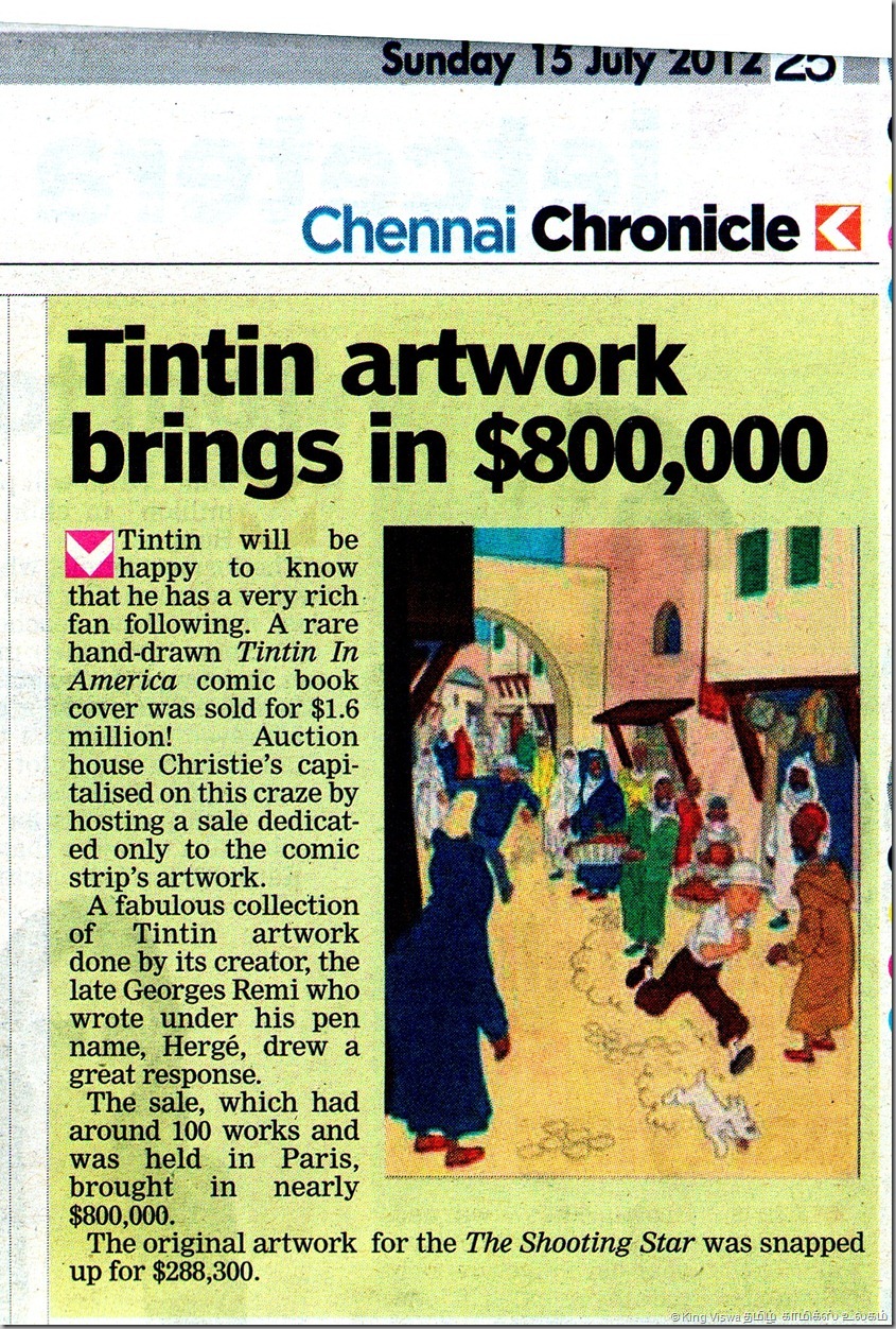 Deccan Chronicle Chennai Edition Chennai Chronicle Dated 15072012 Page No 25 TinTin Original Artwork Sale Article