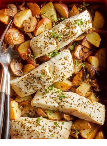 Provençal Prepared Fish with Broiled Potatoes &amp; Mushrooms
